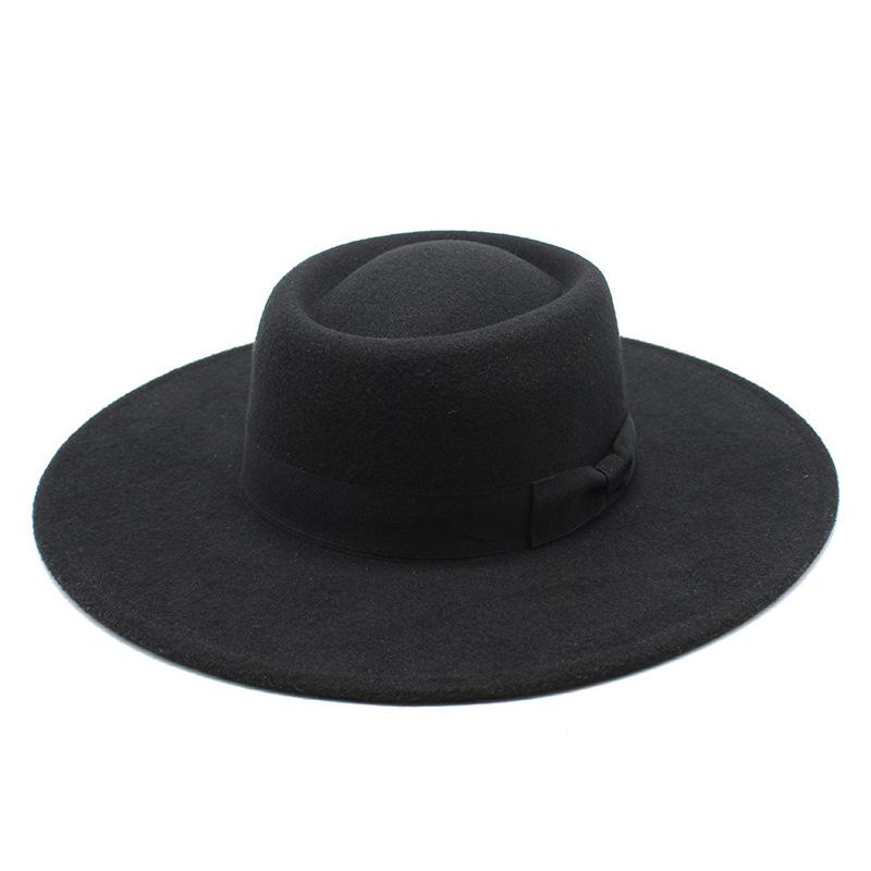 Herbst und Winter Britischer konkav geformter Hut mit breiter Krempe Jazzhut für Herren und Damen Mode Lässig Schleife Flache Kante Zylinder Imitation Wollfilzhut