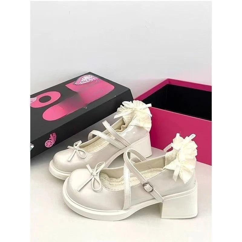 Fashion French Ribbon Bow Mary Jane High Heels Women 2025 Summer New Small Platform Block Heel Small Leather Shoes