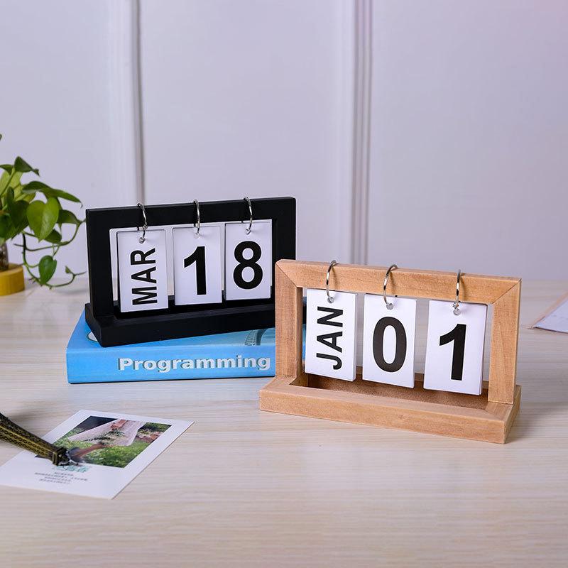 Wooden Perpetual Flip Calendar Simple Minimalist Design Desktop Ornament for Home Study Dorm Office Desk Decor