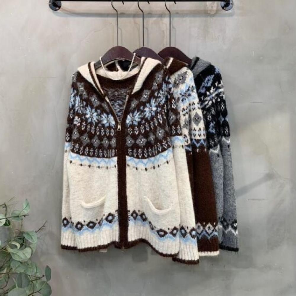 C S In The Room Goni Wool Snowflake Pattern Long Sleeve Knit Hoodie Zip Up 3C