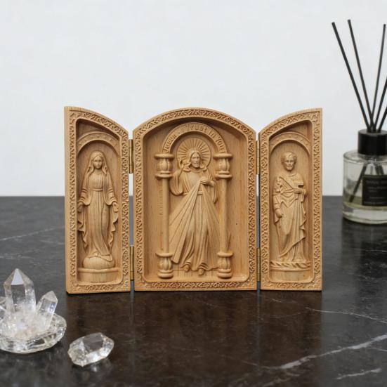 Wooden Jesus Triptych Decoration Religious Gift Heaven Christian Statue Handmade Mini for Home Office Church School
