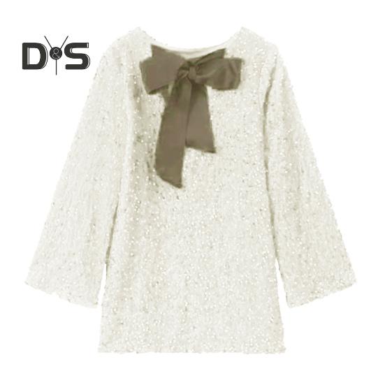 Damen Paillettenkleid mit großer Schleife und langen Ärmeln, A-Linie, lockerer Pullover, knielang, Cocktailparty, Club, Minikleid