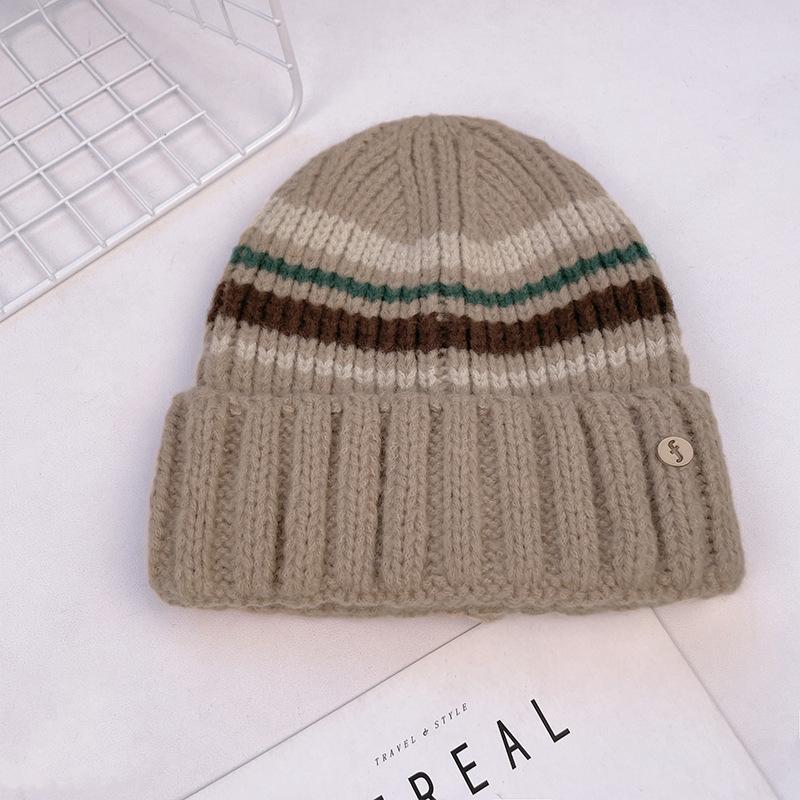 Hat Women's Autumn and Winter Outdoor White Belt Knitted Hat To Protect Against Cold and Warm Niche Color Blocked Woolen Hat for Women
