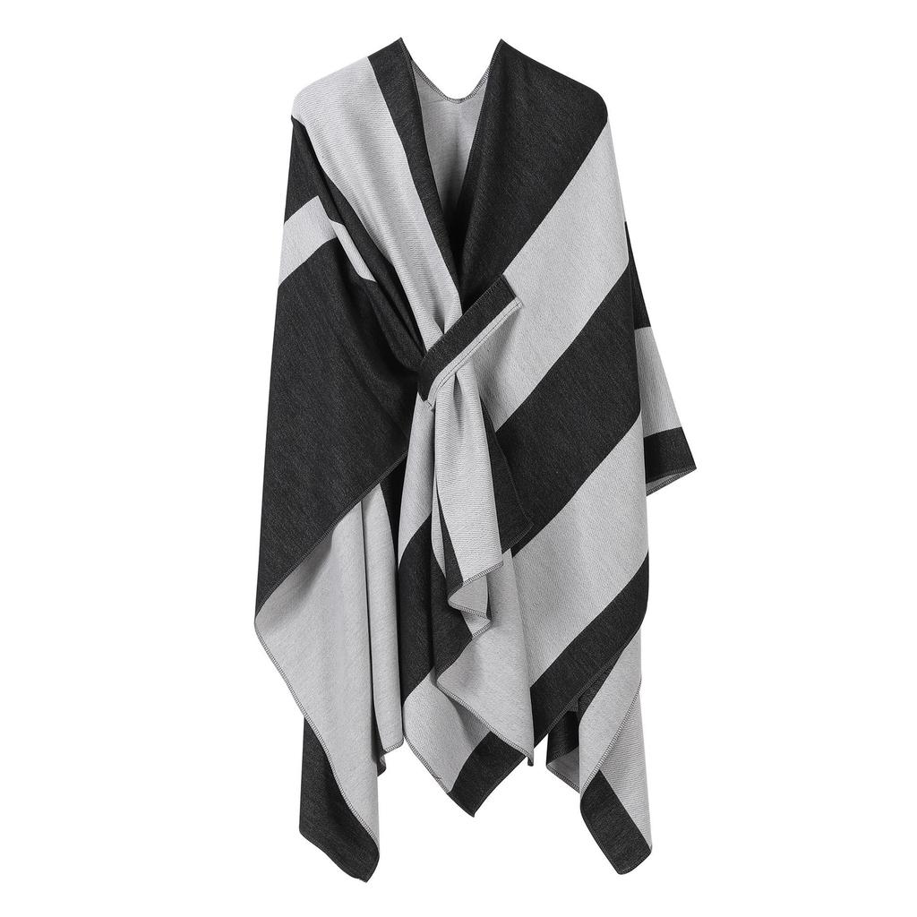Women's European & American Double-Sided Solid Color Cape Shawl with Striped Edge