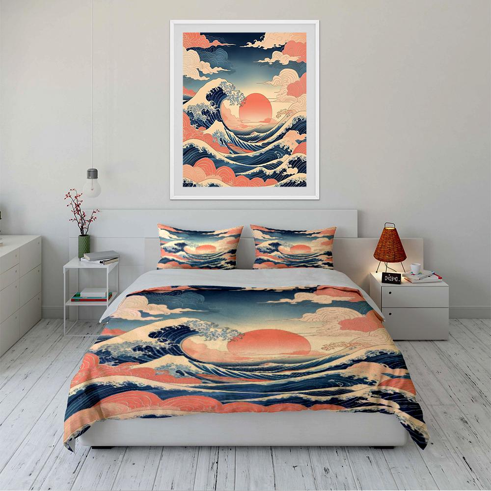 Japanese Wave and Red Sun Bedding Set Bedding set (1 duvet cover, 2 pillowcases, duvet not included)