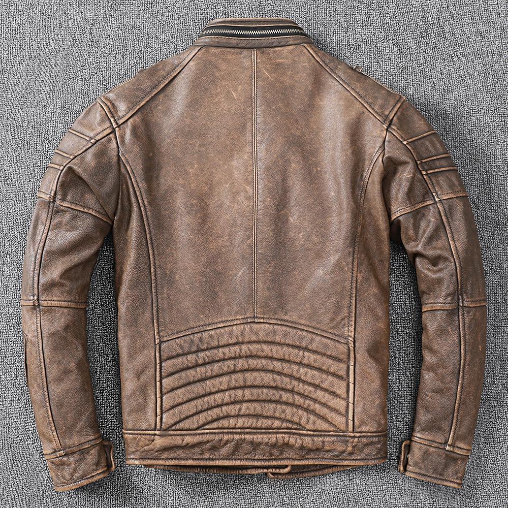Neue Männer Rindsleder Mantel Männlichen Echtes Leder Jacke Vintage Stil Mann Motorrad Biker Kleidung Dickes Kalbsleder Echt Learher Mäntel