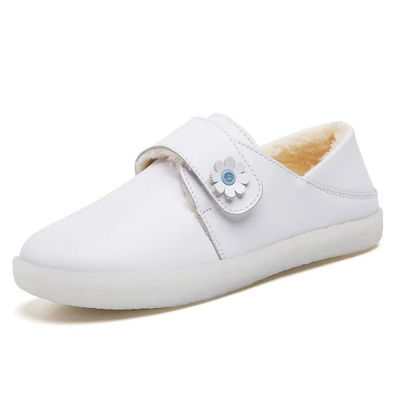 Dermis Nurse Shoes Women Soft Sole Cotton Shoe with Velvet Round Head Sweet Casual Flower Small White Shoes Flat Shoes