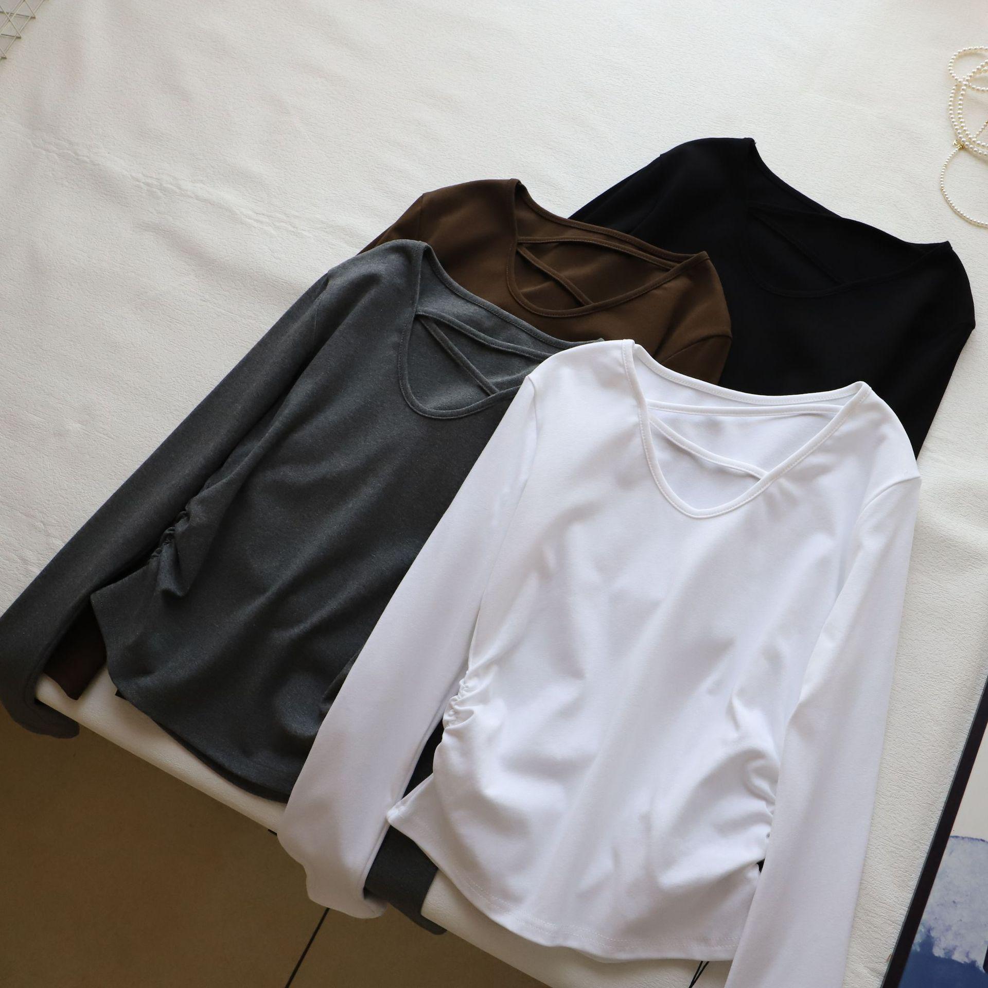 

[Bi Zheng] 2025 Spring Korean Style Pleated Waist Slimming Long Sleeve Women s T-shirt One Size світло-сірий колір