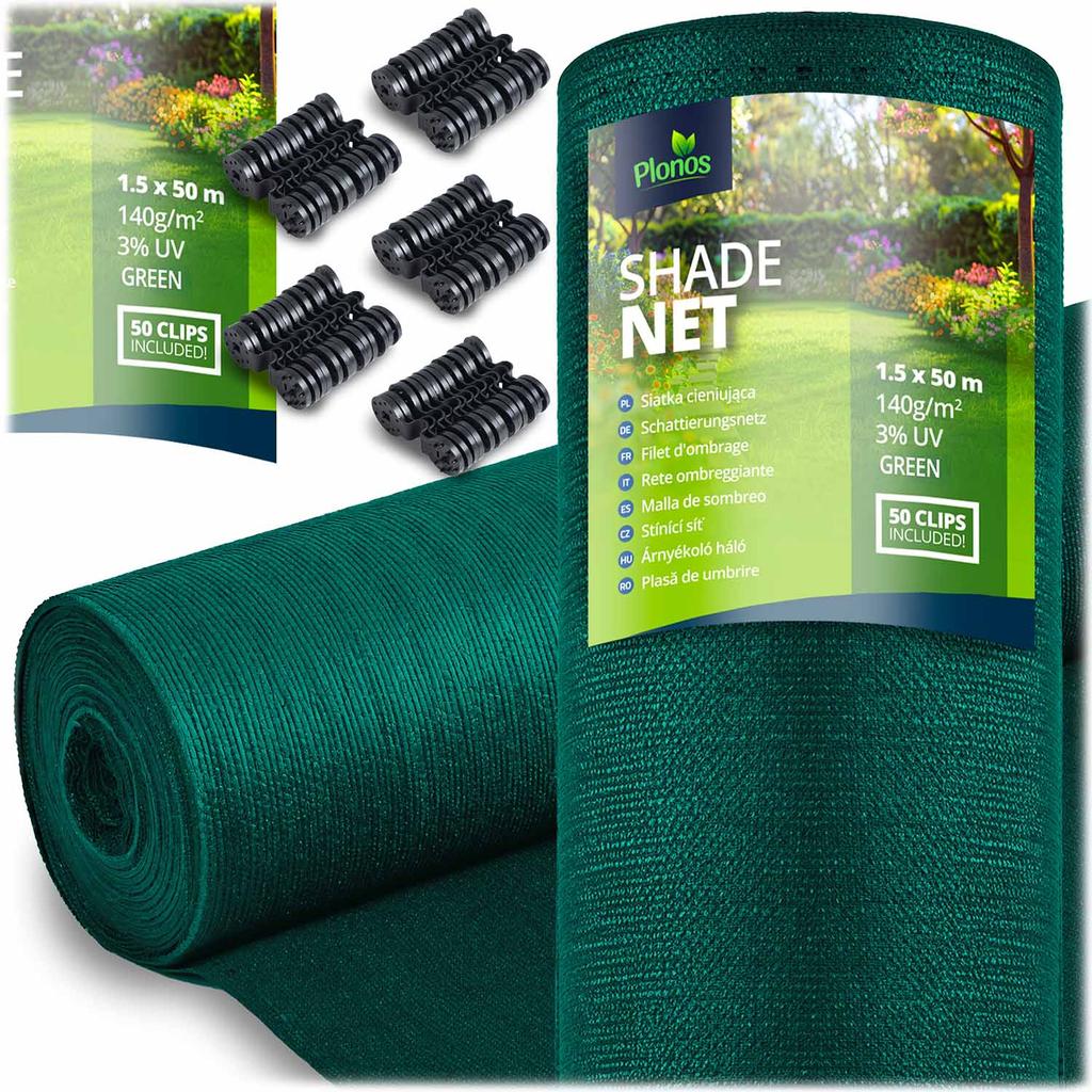 Shade net 1.5x50m 140g/m2 + 50 clamps green