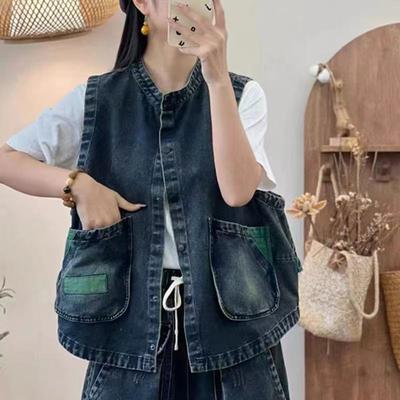 Vestă nouă din denim pentru femei, de primăvară și toamnă, cu guler înalt, blocuri de culoare, vestă slim, cardigan scurt casual care acoperă carnea, top, jachetă