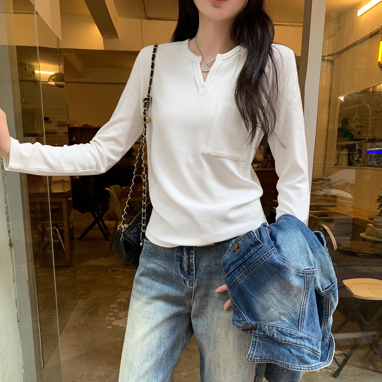 Korean Casual Grey V-Neck Slim-Fit Long Sleeve T-shirt for Women - Autumn/Winter Style S белый