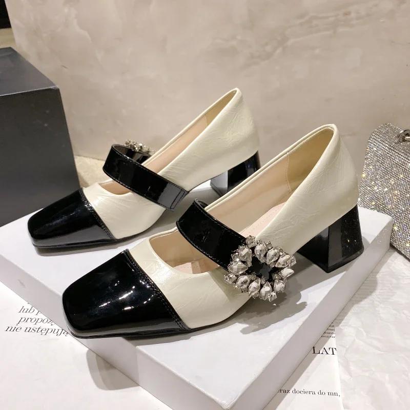 2024 New Square Diamond Shoes Women's High Heels Mary Jane Shoes Women's Elegant Square Toe Thick Sole Party Shallow Mouth