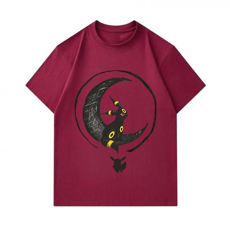 Men's 100% Cotton Crew Neck Short Sleeve T-Shirt, Casual Black Cartoon Umbreon Crescent Moon Print Tees, Comfortable Breathable Summer Daily Tops for