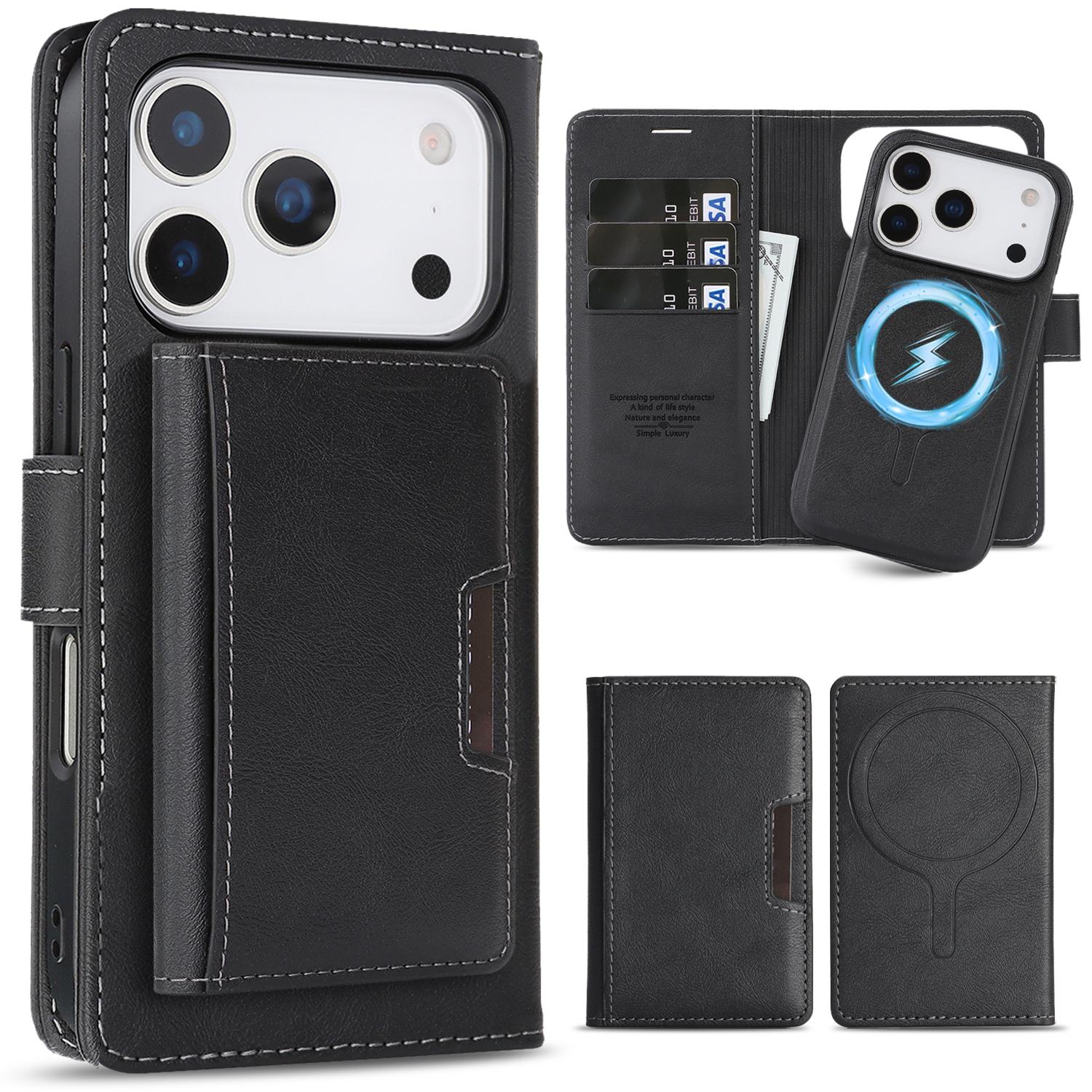 

3-in-1 Luxury Leather Wallet Detachable Flip Cover For iPhone 16 15 14 13 12 17 ProMax Plus 17Air 16e Magsafe Credit Card Wallet iPhone Air чёрный