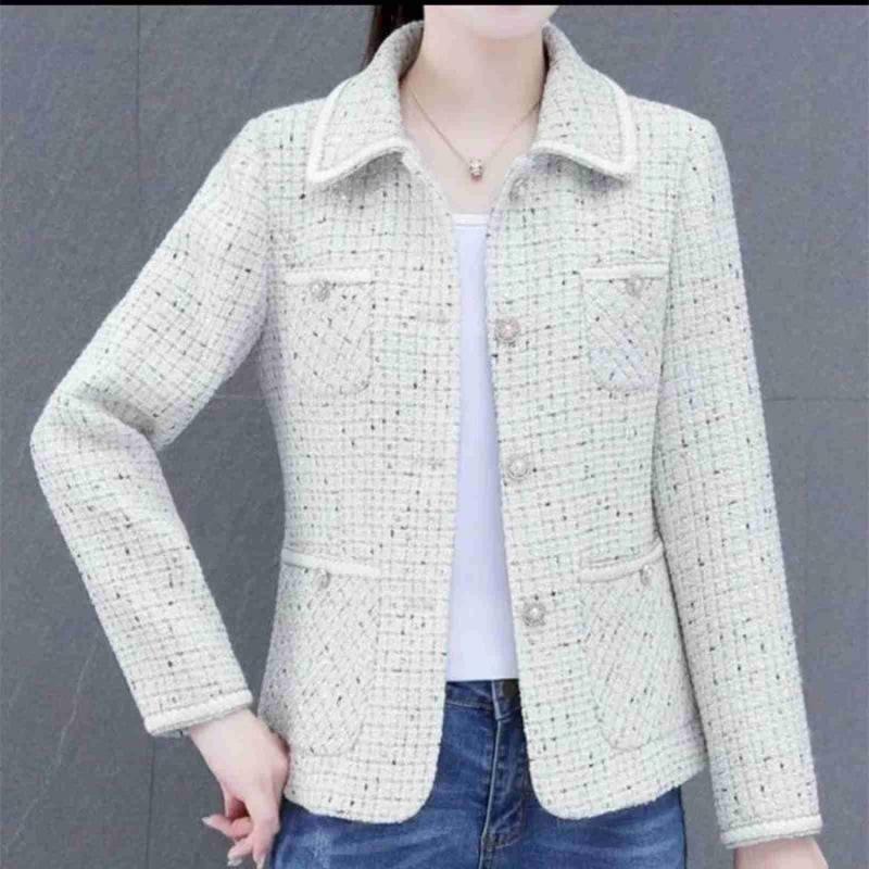 Women's POLO Collar Long Sleeve Tweed Jacket Slim Fit Elegant Commuter Short Blazer Button Decorated Tweed Top