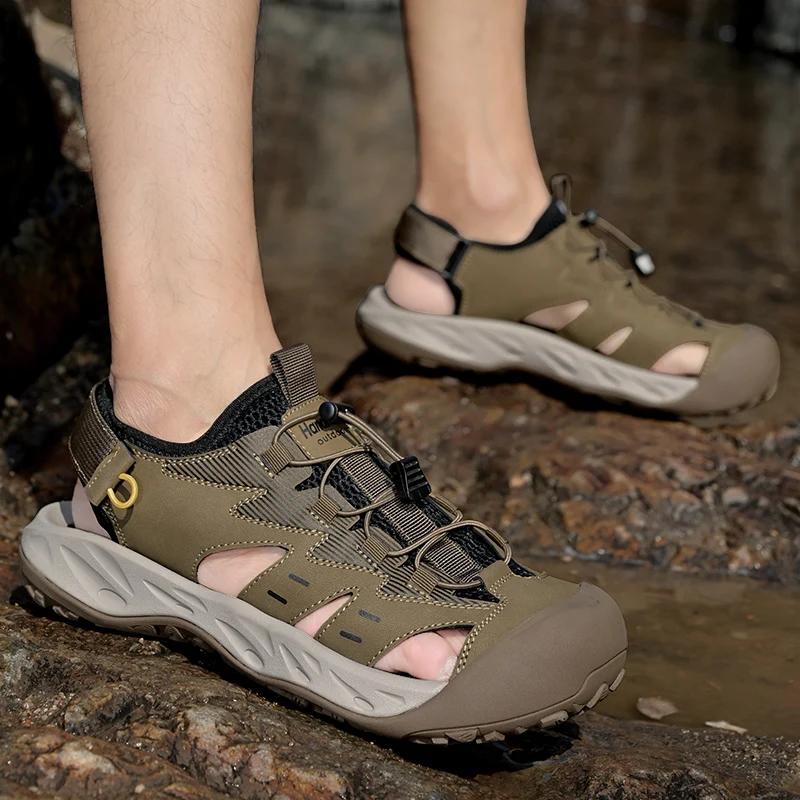 Luxury Men's Leather Sandals Adjustable Straps Wading Aqua Walking Shoes Comfortable Summer Flats Hollow Out Man Casual Sandals