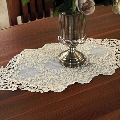 TaiXiuHome Gold Table Runner with European Floral Embroidery and Lace, Standard Style, 30 X 70cm, for Weddings and Parties