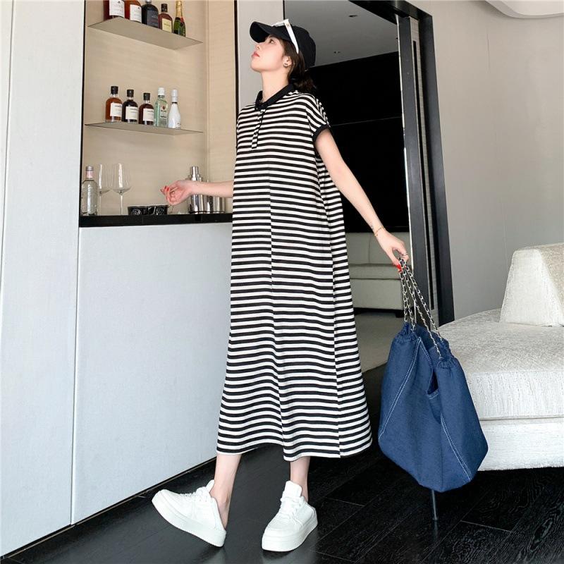 Sommer Damen Kleid Plus Größe Lockeres Temperament Lässig Kleines Revers Bedecktes Fleisch Gestreifte Kleider