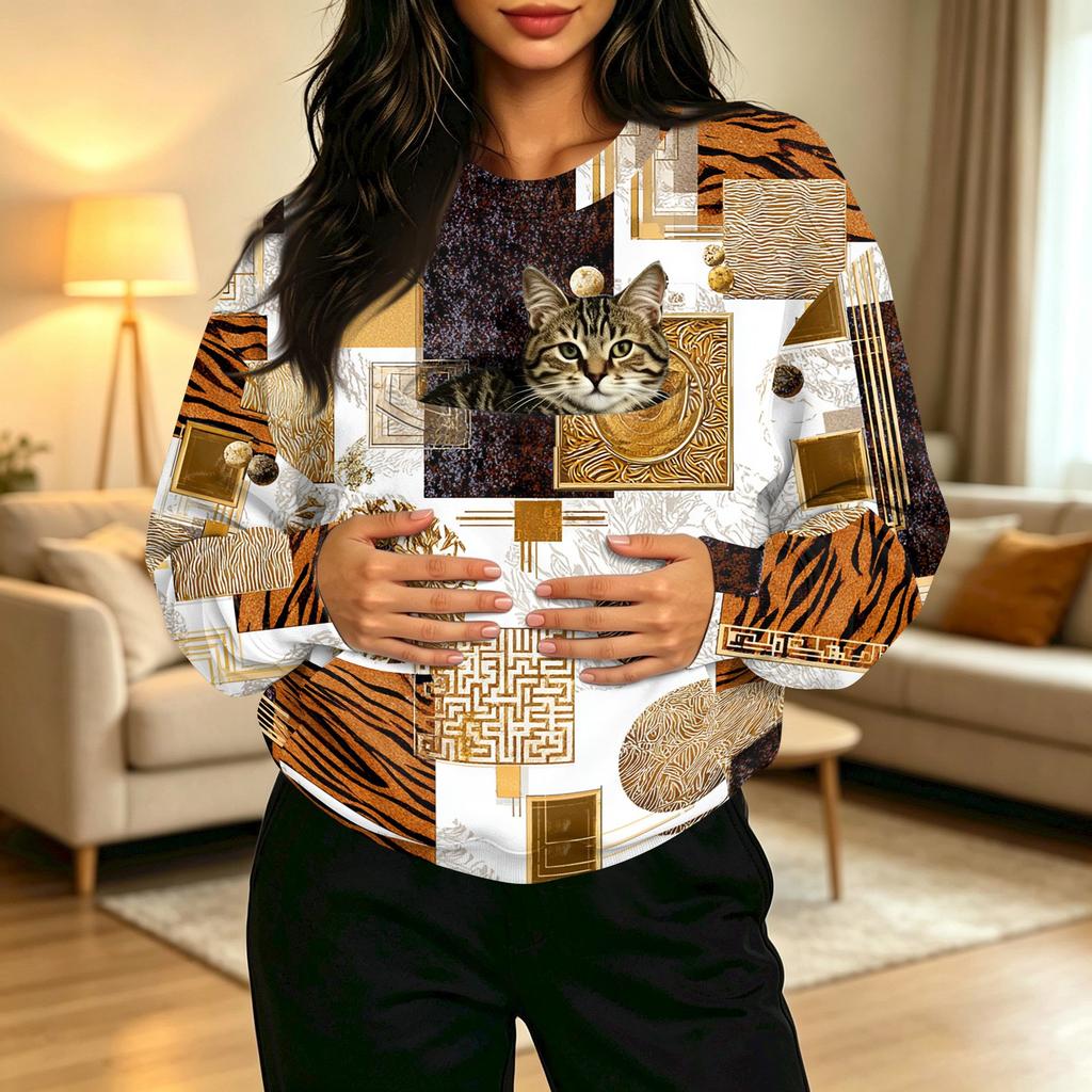 Women's Casual Crewneck Vintage Print Long Sleeve Sweatshirt with Front Pocket