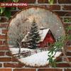 Vintage Red Barn Winter Landscape Metal Round Wall Sign, Rustic Snowy Farmhouse Christmas Art, 8 Inch Aluminum Hanging Decor