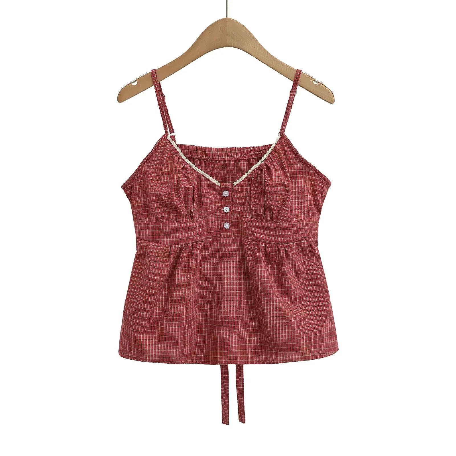 Ретро американский клетчатый укороченный топ без рукавов с V-образным вырезом Small