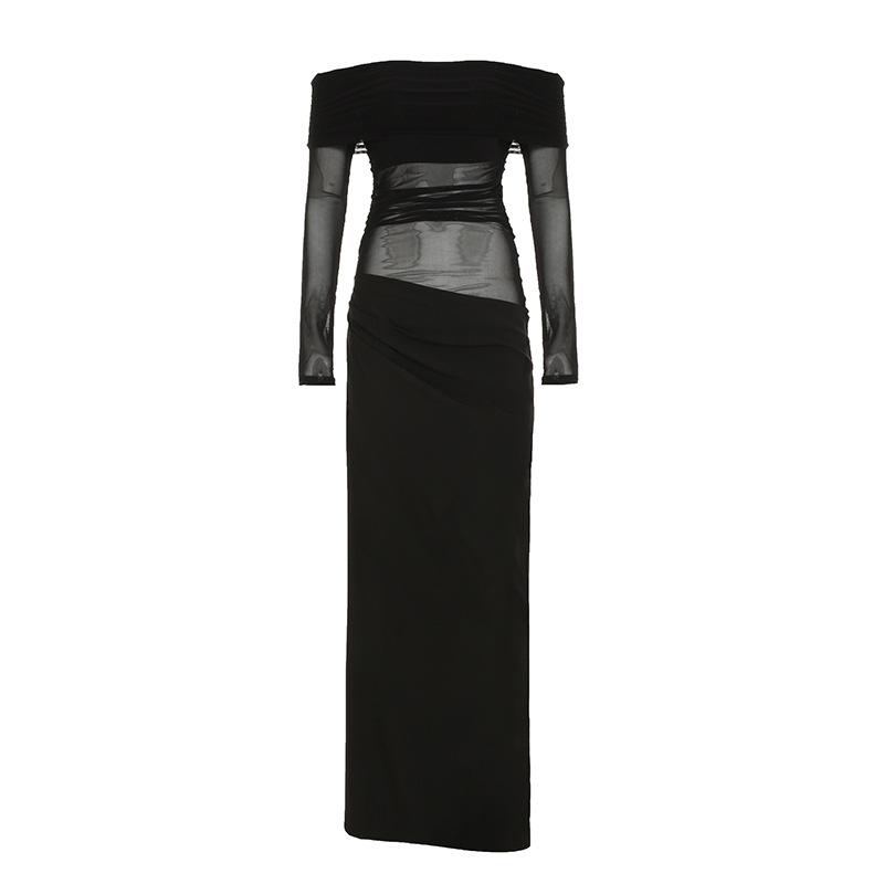 

Женские платья Spice Girls Sexy See Through Temperament с плиссировкой на талии и одним плечом с сетчатым плетением и длинным рукавом M чёрный