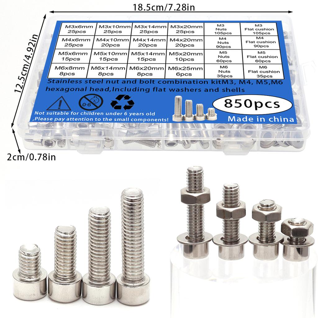 850 PCS Stainless Steel Hexagon Nut and Bolt Combination Set - Including Flat Washer Wrench - M3, M4, M5, M6 Hexagon Head, 4 Spe