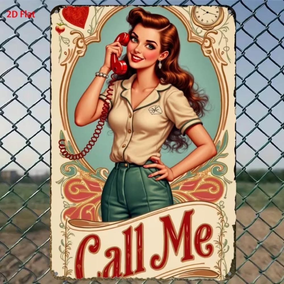 Vintage Pinup Girl in Red Polka Dot Dress Retro Metal Tin Sign Wall Art Decor