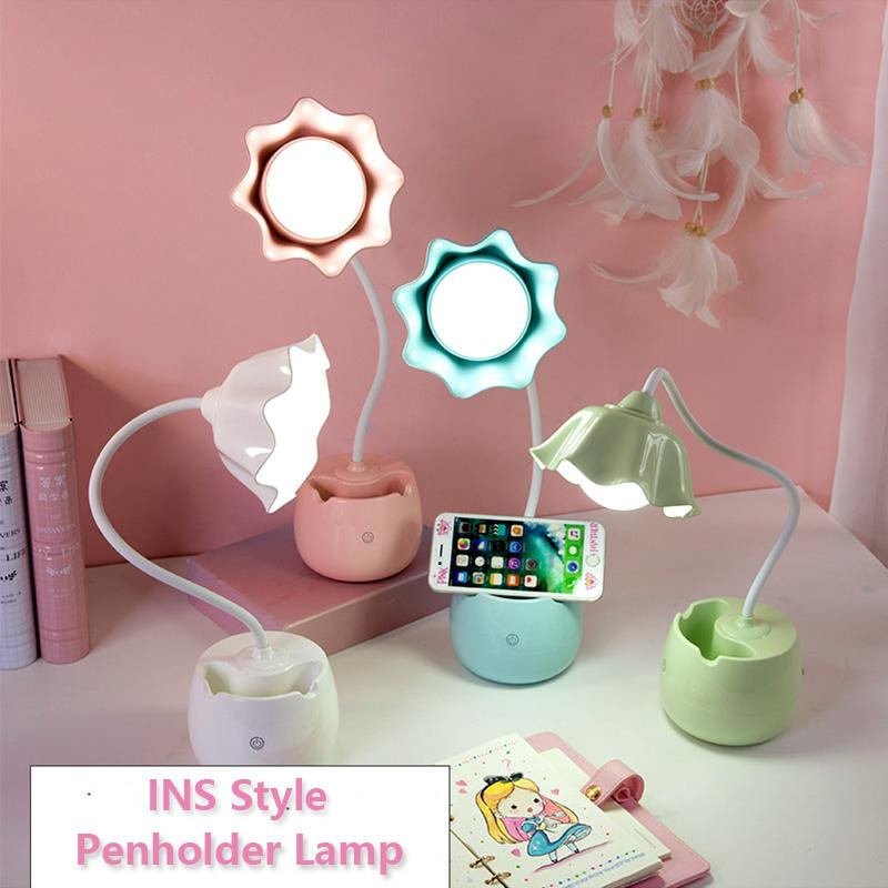 Lovely 3 Levels Dimmer Reading Table Lamp Pen Case Base Student LED Desk Lamp Girls Charge Bedside Lamp for Bedroom Studyroom