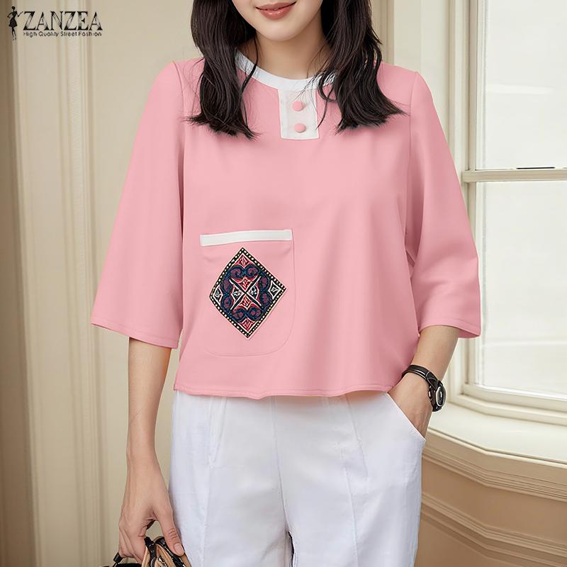 ZANZEA Women Casual Round Neck Summer 3/4 Sleeve Loose Blouse