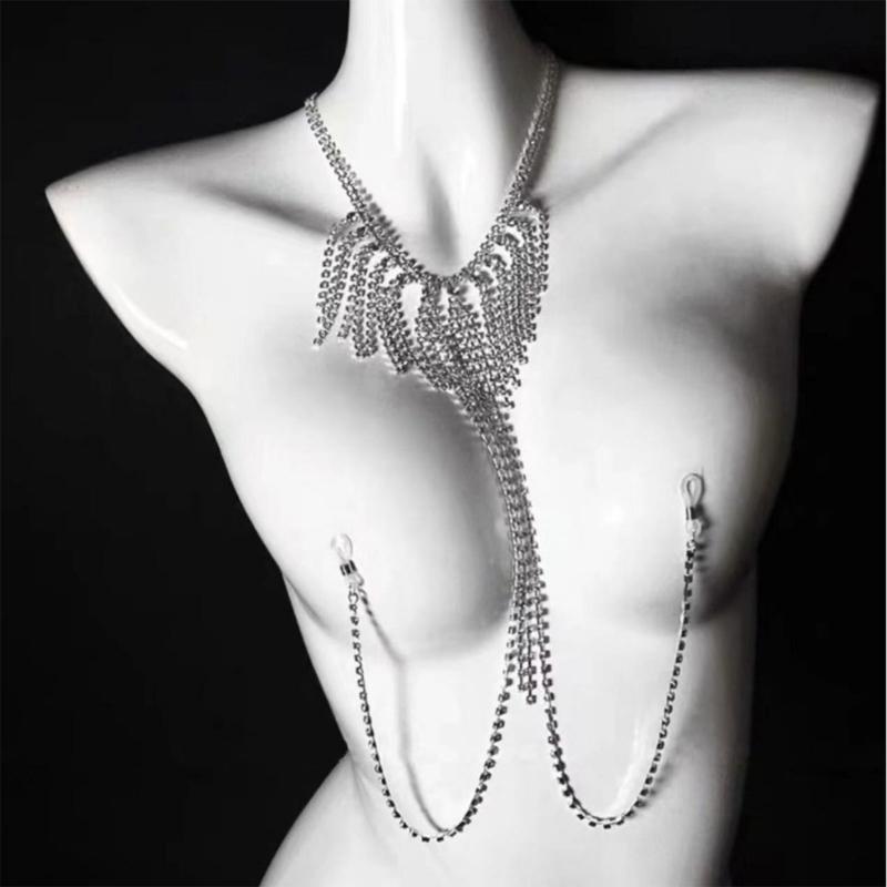Crystal Rhinestones Fringe Body Chain Necklace Stylish Bra Chain Fashion Neck Jewelry Piece For Evening Event