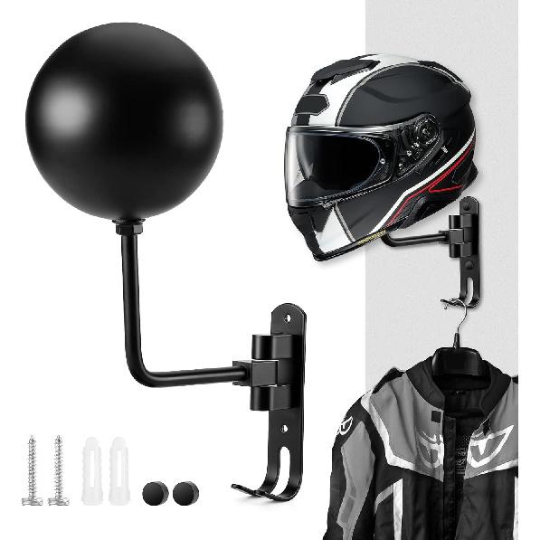 Motorcycle Helmet Holder, Helmet Rack Wall Mount 180 Degree Rotation Helmet Hanger with Double Hook for Coats, Caps, Hats, Motorcycle Accessories