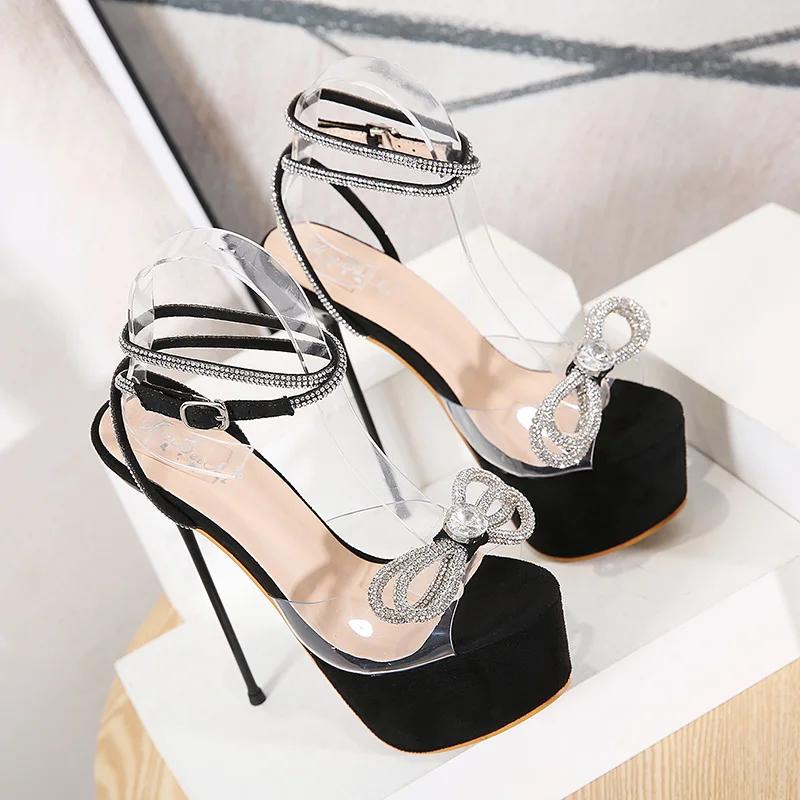 Glitter Rhinestone Pumps Rome Sandals Women Shoes Peep Toe Perspex Heel Stilettos High Heels Sandals Summer Party Shoes Dress