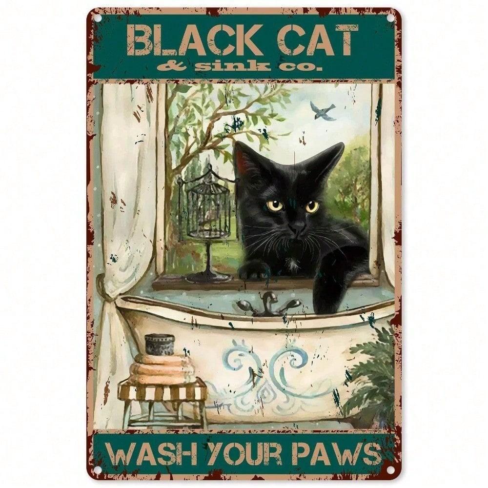 Funny Black Cat Bathroom Wall Decor Vintage Metal Tin Sign for Home Kitchen Pub Bar