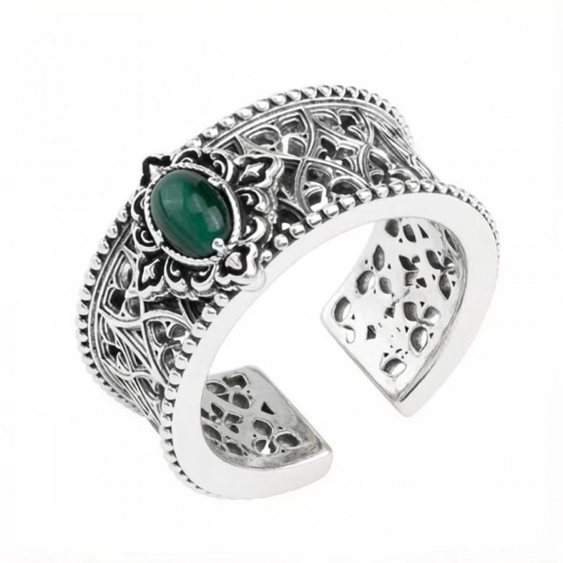 Vintage Emerald Green Adjustable Open Ring Men Women Oxidized Hollow Carved Geometric Design Copper Alloy Statement Adjustable Open Band
