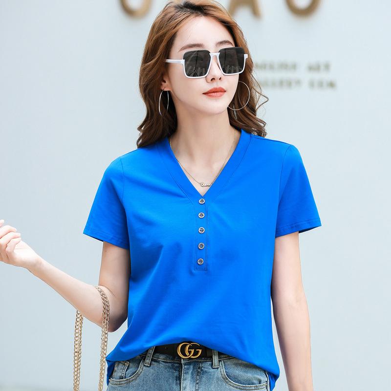Summer Lady New Fashion Slim Solid Color Comfortable V-neck Tops Women Striped Button All-match Short Sleeve T-shirts
