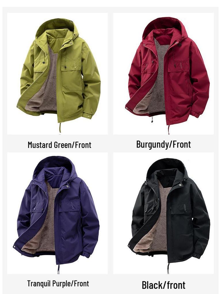 High-Quality Men's Hooded Workwear Jacket - Unisex Solid Color, Plus Velvet for Autumn & Winter