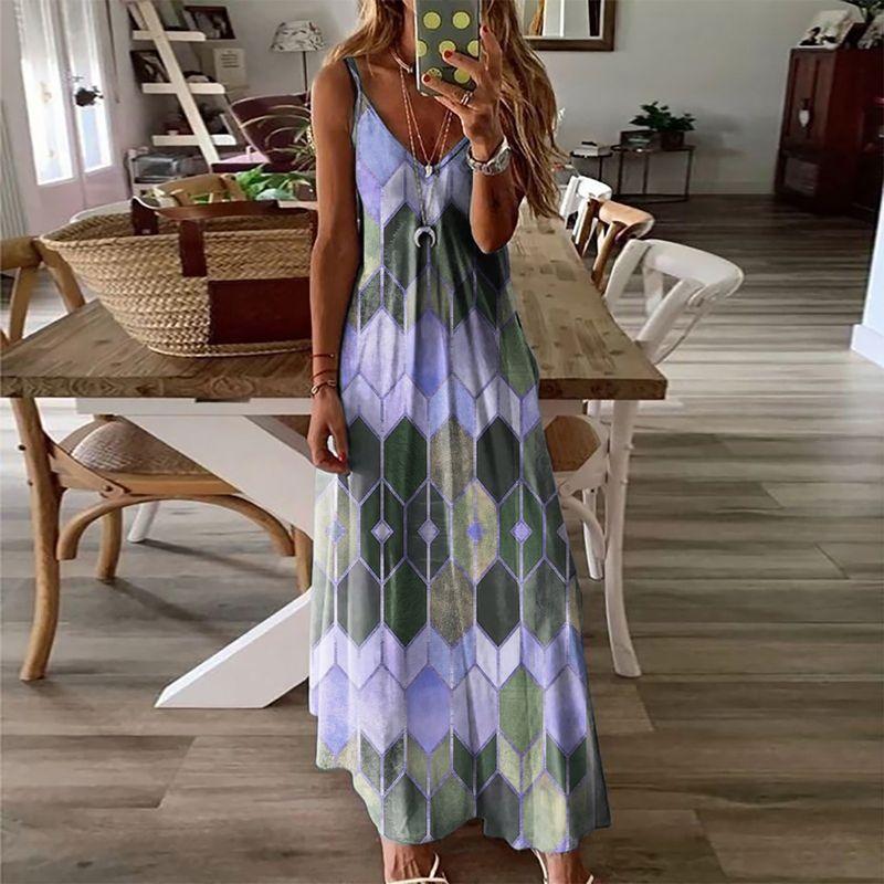 

Fashion Brand Slimming Dress Asymmetrical Hem Sexy V-neck Strap Dress Summer Print Large Skirt Hem Tall Color blue 3XL