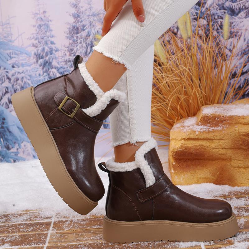 Thick Bottom Waterproof Pu Snow Boots Women 2025 Winter Metal Buckle Chunky Platform Furry Ankle Boots Warm Plush Casual Shoes