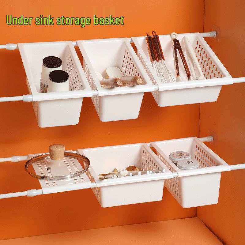 Japanese Telescopic Under-Sink Storage Rack with Hanging Rod and Spice Organizer Basket