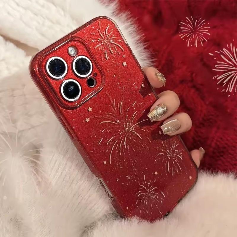 Luxury Bling Glitter Firework Pattern Case for 17 16 Pro Max 15 14 13, New Year Xmas Gift Red All-inclusive Protective Cover
