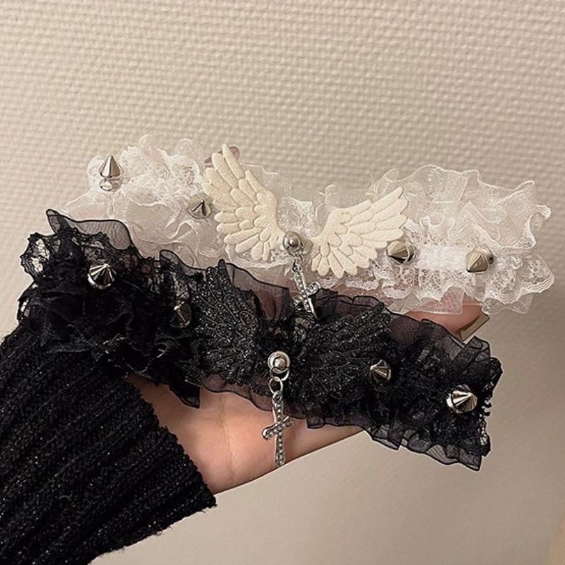 Wide Lace Rivets Lolita Lace Choker Y2K Angel Wings Cool Leather Necklace Fashion Solid Color Women Girls Necklace Daily Wear