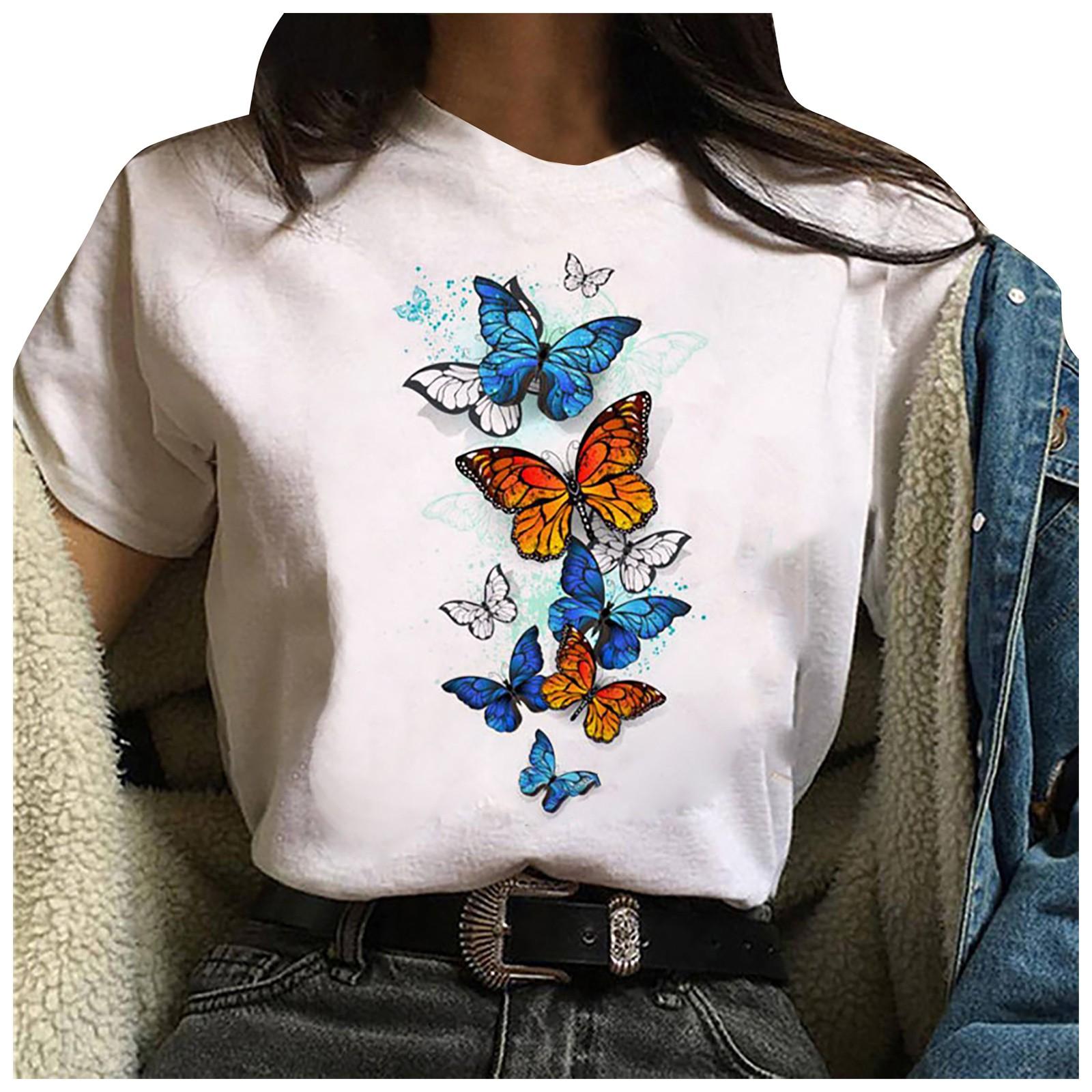 

Fashion Women s Casual Loose T-shirt Butterfly Print Short Sleeve Top XL коричневый