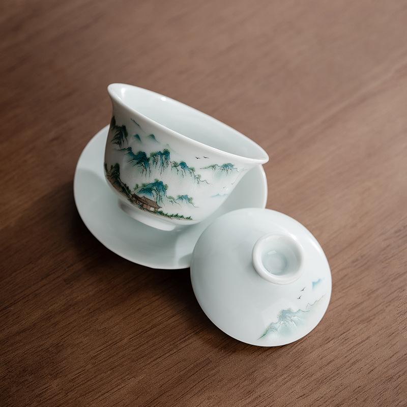 Kung Fu Tea Set, White Porcelain Ceramic Cover Bowl, Dehua Tea Cup, Chinese Living Room Large Tea Bowl, Suet Jade Porcelain