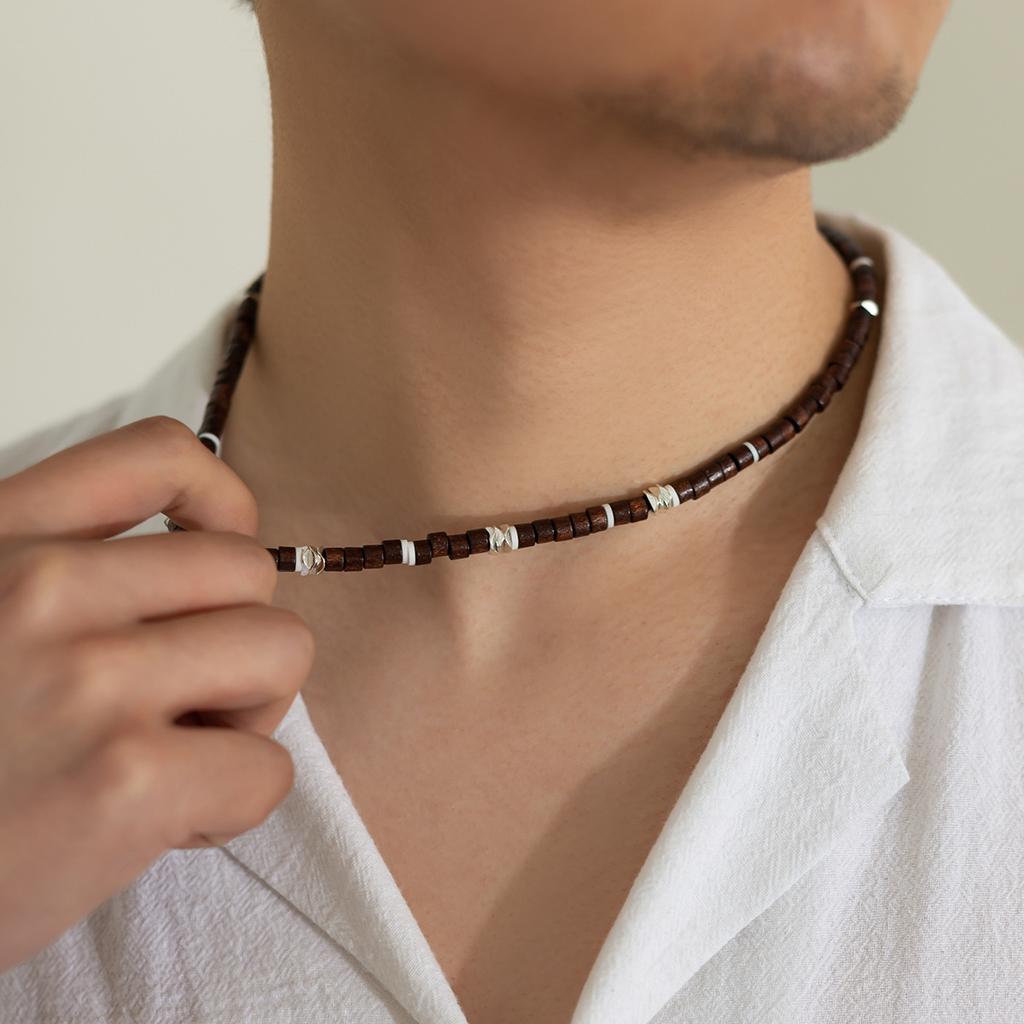 Wood Bead Splicing Necklace for Men Trendy High-End Bohemian Style Soft Ceramic Piece Collarbone Chain for Men
