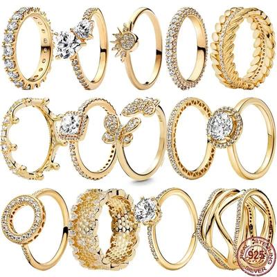 925 Sterling Silver Gold Ring, Exquisite and Shiny Luxury Crown Round Ring Fashionable and Charming Jewelry Gift