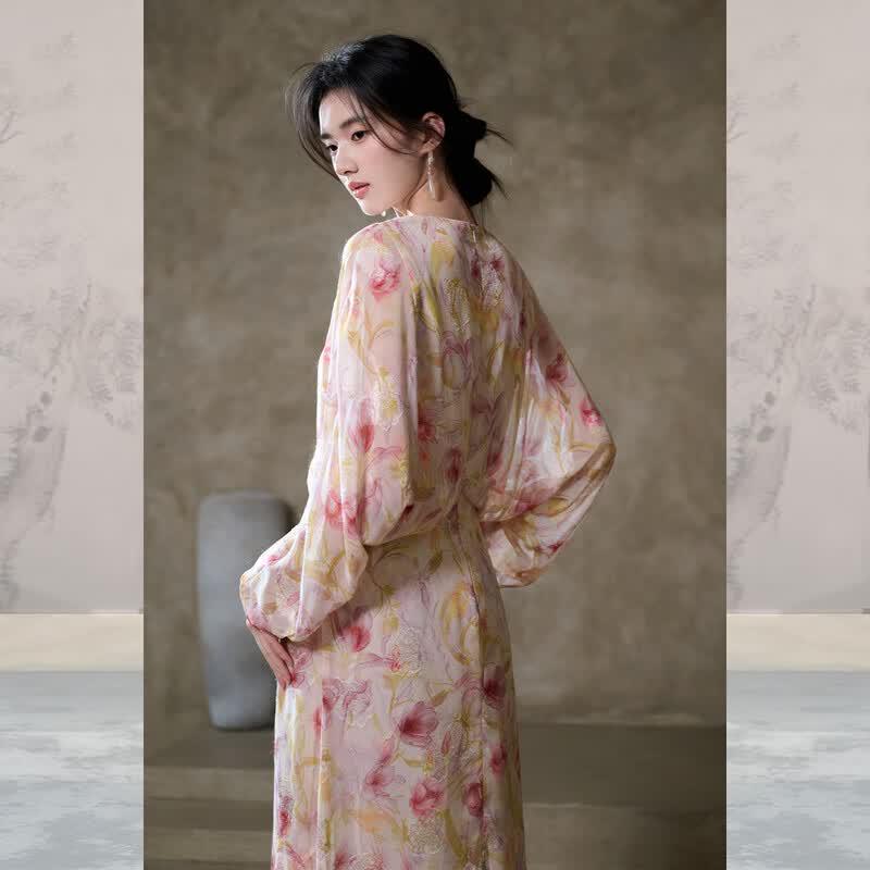 JK&JS 3D Floral V-Neck New Chinese Style Dress