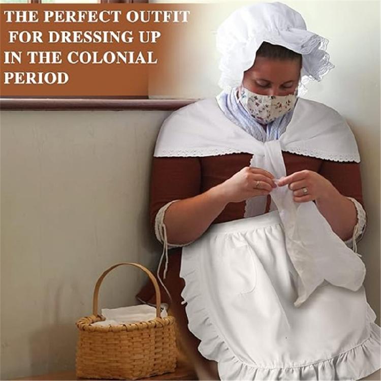 White Mobs Caps Ruffle Maid Waitress Apron Colonial Costume Set Pioneers Girls Costume Accessories for Maid Revolutionary