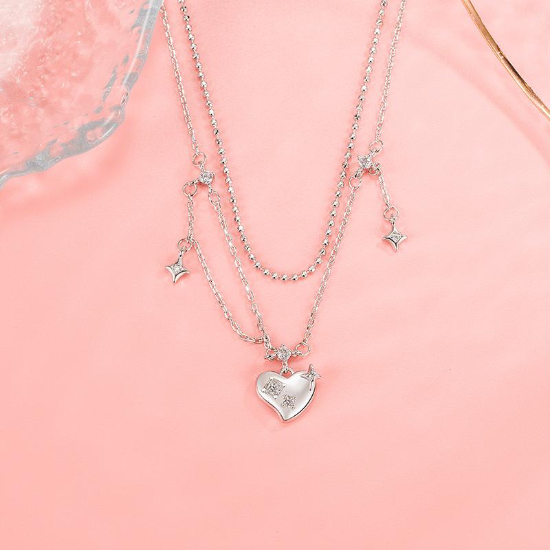 New 925 Silver Heart-Shaped Double Layered Tassel Necklace For Women Exquisite Cross Star Collarbone Chain JewelryGift