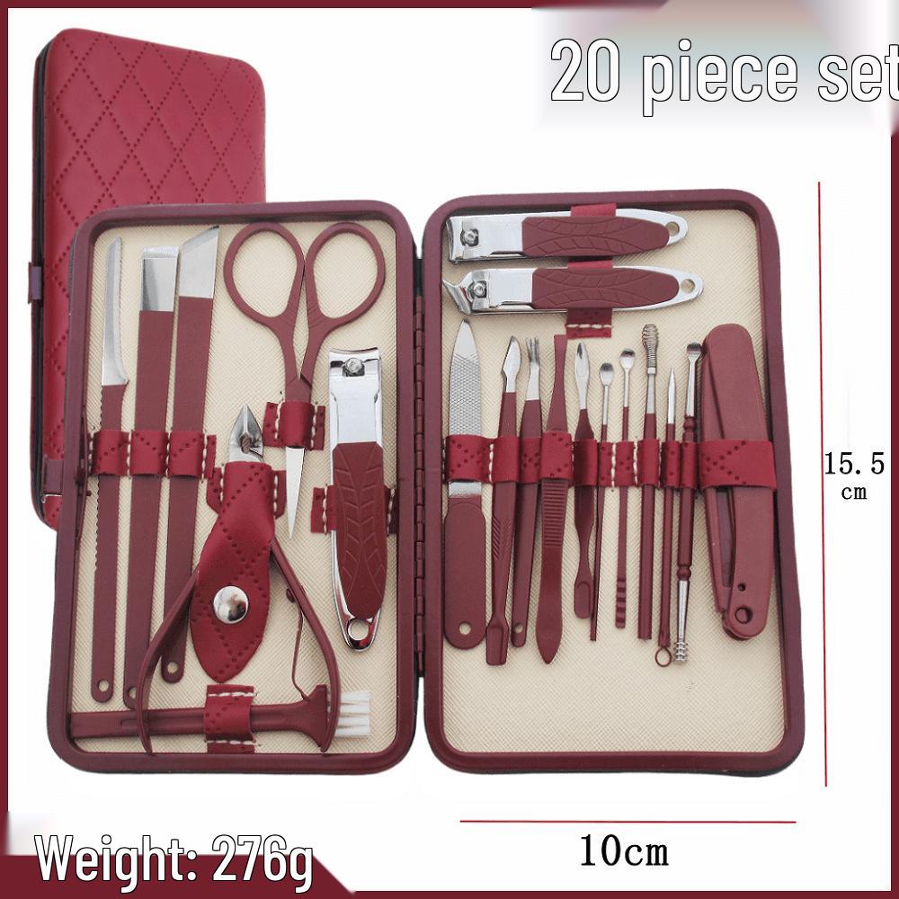 28-teiliges Edelstahl-Nagelpflege-Set: Enthält Nagelscheren, Nagelhautzangen, Pediküre-Werkzeuge, einen Augenbrauentrimmer und eine Pinzette in einem braunen Etui.